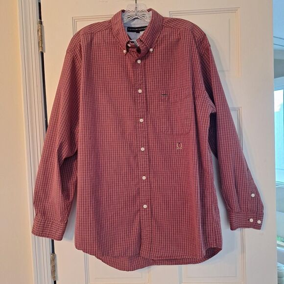 Tommy Hilfiger Men's Burgundy Button Down Shirt Preppy Office 100% Cotton L - Picture 1 of 8